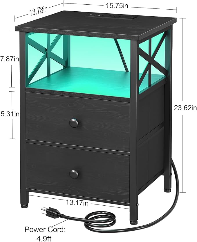AMHANCIBLE Nightstands Set of 2 with Charging Station, LED Night Stand with 2 Storage Drawers, End Tables with USB Ports and Outlets, Modern Bedside Tables for Bedroom, Black, HET052LBK