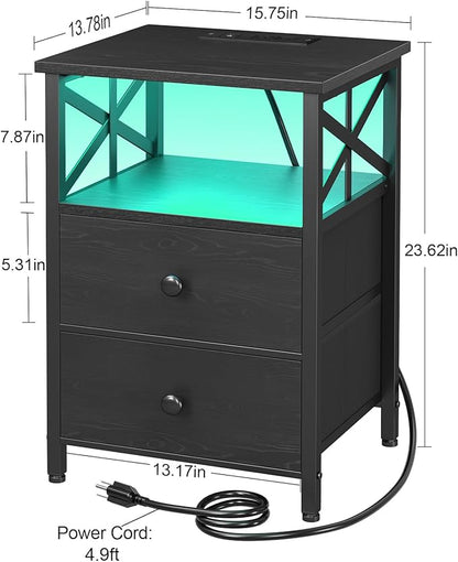 AMHANCIBLE Nightstands Set of 2 with Charging Station, LED Night Stand with 2 Storage Drawers, End Tables with USB Ports and Outlets, Modern Bedside Tables for Bedroom, Black, HET052LBK