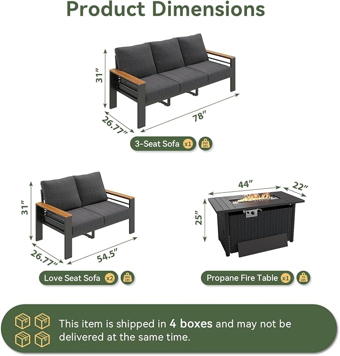 Aoxun Patio Furniture Set, Aluminum Patio Set with Fire Pit Table and 5" Thicken & Washable Cushion, Waterproof Outdoor Furniture, Outdoor Couch Sectional for Backyard (LS-7 Seats/F, Dark Grey)