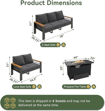 Aoxun Patio Furniture Set, Aluminum Patio Set with Fire Pit Table and 5" Thicken & Washable Cushion, Waterproof Outdoor Furniture, Outdoor Couch Sectional for Backyard (LS-7 Seats/F, Dark Grey)
