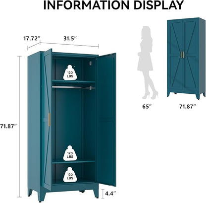 COFaR Metal Wardrobe Cabinet, 71" Farmhouse Storage Cabinet with Hanging Rod, 2 Barn Door, 2 Adjustable Shelves and Legs, for Bedroom, Laundry Room, Cloak Room, Gym, Office, School (Blue Green)