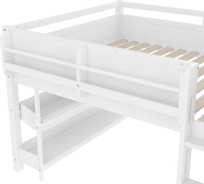 Bellemave Full Size Low loft Bed with Desk and bookcases, Boxes and Drawers for Kids,Wood Modern Farmhouse Kids Loft Beds with Shelf, White