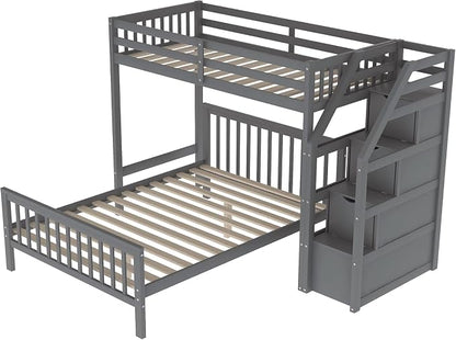 MERITLINE Twin Over Full L Shaped Bunk Beds with Stairs and Storage, Solid Wood Convertible Bunk Loft Beds with Storage Staircase and Guardrail, No Box Spring Needed (Twin Over Full,Grey)