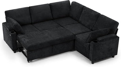 85" Chenille Sectional Sofa w/Pull Out Bed & Storage Space, Black | Upholstery L Shaped Couch w/Cup Holders, Modern Corner Sofa w/USB Charging Port & Throw Pillow for Living Room