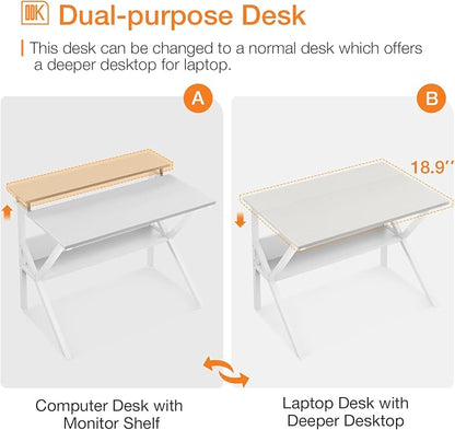 ODK Small Computer Desk, 27.5 inch Desk for Small Spaces with Storage, Compact Table with Monitor & Storage Shelves for Home Office, Modern Style Laptop Desk, Pure White