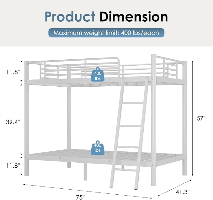 Bunk Bed Twin Over Twin, More Sturdy Heavy Duty Metal Bunk Bed with Angled Ladder for Teens and Adults, Used for Spaces-Saving, Apartment or Dorm, Noise Free & Easy Assembly, White