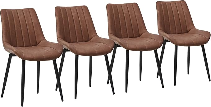 CLIPOP Brown Faux Leather Dining Chair Set of 4, Mid Century Modern, High Back, Armless Upholstered Leisure Side Chair for Dining Room Lounge