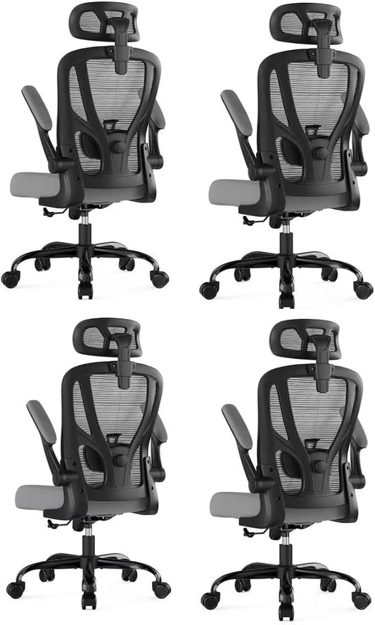 Office Chair Ergonomic Desk Chair - Mesh High Back Office Chair with Headrests Wheels Lumbar Support Home Desk Office Chairs Flip up Armrest Executive Rolling Computer Chair Black Gray 4 Pack