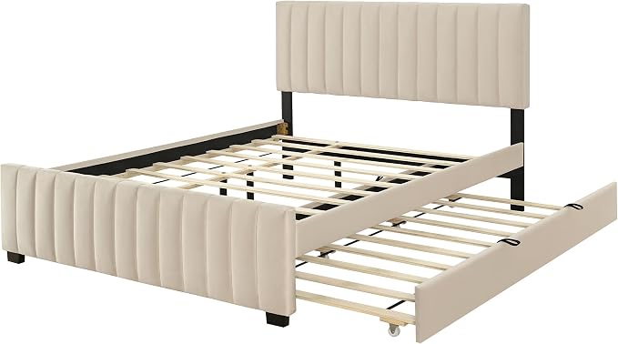 Ball & Cast Queen Bed Frame with Twin XL Size Trundle,Velvet Upholstered Platform Bed Frame Queen Size with Channel Tufted Headboard,Wood Slats Support,No Box Spring Needed,Easy Assembly,Beige