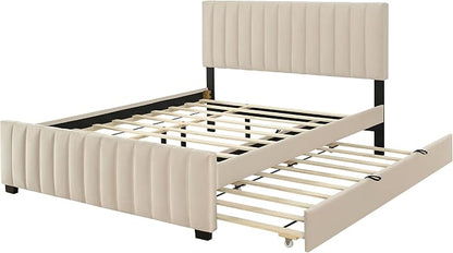 Ball & Cast Queen Bed Frame with Twin XL Size Trundle,Velvet Upholstered Platform Bed Frame Queen Size with Channel Tufted Headboard,Wood Slats Support,No Box Spring Needed,Easy Assembly,Beige