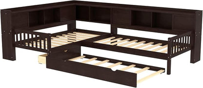 Bellemave L Shaped Corner Bed for 2 Kids, Double Twin Platform BedFrame with Trundle and Shelves, Espresso