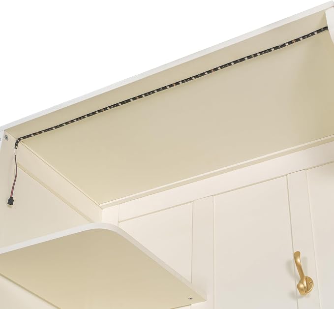 Murphy Bed Queen Size,Murphy Bed with Storage & Lights,Wall Bedframe w/Hidden Fold-Out Legs & Built-in Shelves & Cabinets，Hook,Space-Saving,White