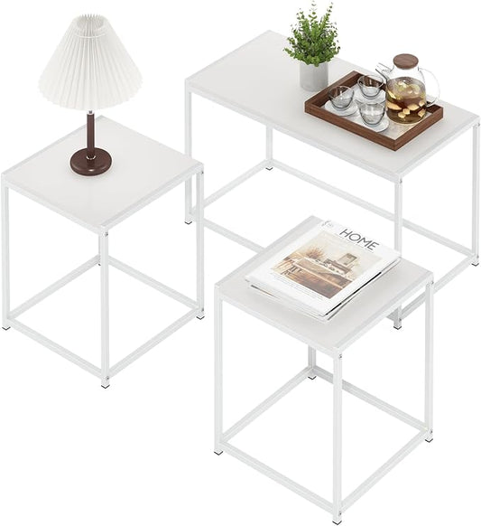 Furinno CAMNUS Coffee Table, Metal Frame Modern Center Table and Side Tables Set, Toolless Side Table Sets, for Living Room, Bedroom, Home Office, Solid White