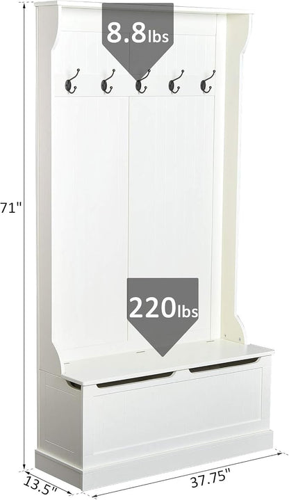 HOMCOM Hall Tree with Bench and Shoe Storage, 3-in-1 Entryway Bench with Coat Rack, 5 Hooks and Flip Top Storage Compartment, Cream White