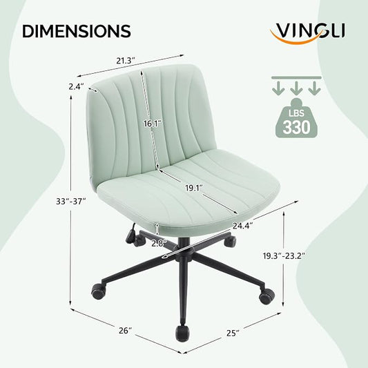 VINGLI Criss Cross Legged Chair,Wide Comfy Office Desk Chair,Dual-Use with/no Wheels Computer Task Chair,Swivel Armless Vanity Rolling Chair for Study,Make Up,Home Office,Cat Scratch PU,Mint Green