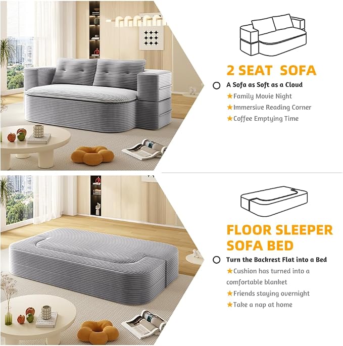 78.7" Futon Sofa Bed, 2-in-1 Foldable Sleeper Sofa, Convertible Floor Couch with Pillows, Corduroy Couch with Multi Functional Blanket Upholstered Boneless Couches for Living Room, Light Gray