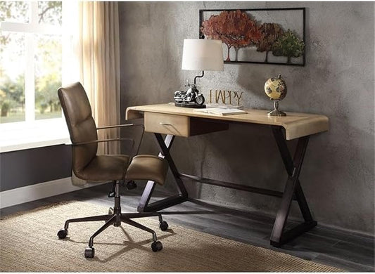 BOWERY HILL Modern Home Office Desk, 50 in x 22 in x 31 in, Gold Aluminum Top, Metal X-Frame Legs, Rectangular Table with 1 Storage Drawer, Durable Industrial Style Workspace