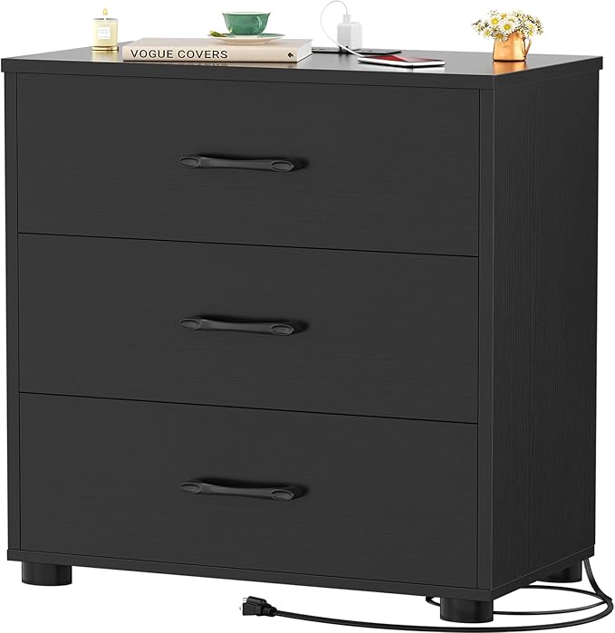 Aheaplus Night Stand with Charger Station, 21.7'' Wider Nightstands with 3 Wooden Drawers, Large Bedside Table, Modern Tall End Side Table, Nightstand for Bedroom, Black