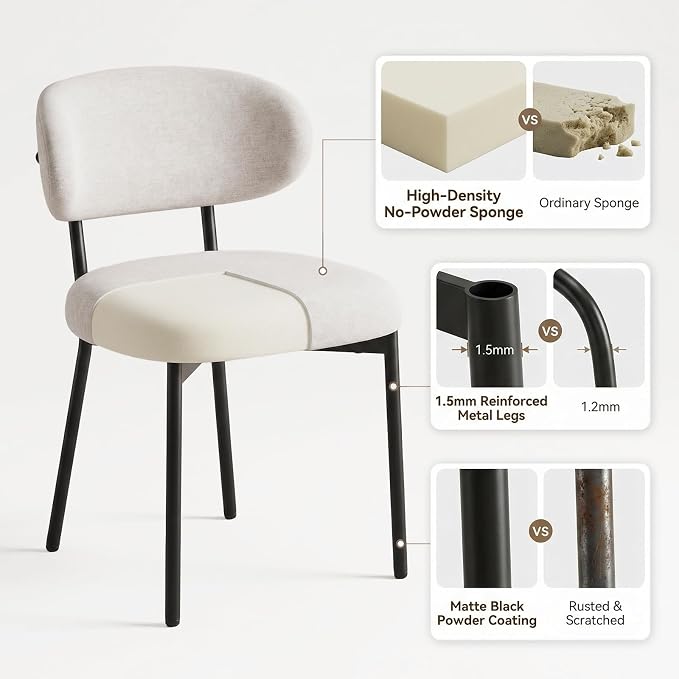 Upholstered Dining Chairs Set of 2, Modern Fabric Kitchen Chairs with Curved Backrest and Cushioned Seat, Sturdy Metal Legs, Modern Dining Chairs for Kitchen Dining Room, Living Room,Beige