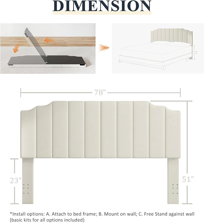 Befurtori King Size Headboard Only, Velvet Wall Mounted Headboard King for Adjustable Bed Modern Upholstered Head Board Easy Assembly, Cream