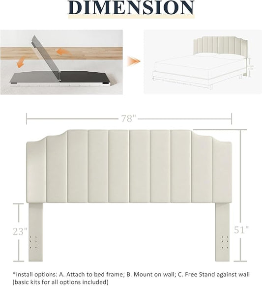 Befurtori King Size Headboard Only, Velvet Wall Mounted Headboard King for Adjustable Bed Modern Upholstered Head Board Easy Assembly, Cream