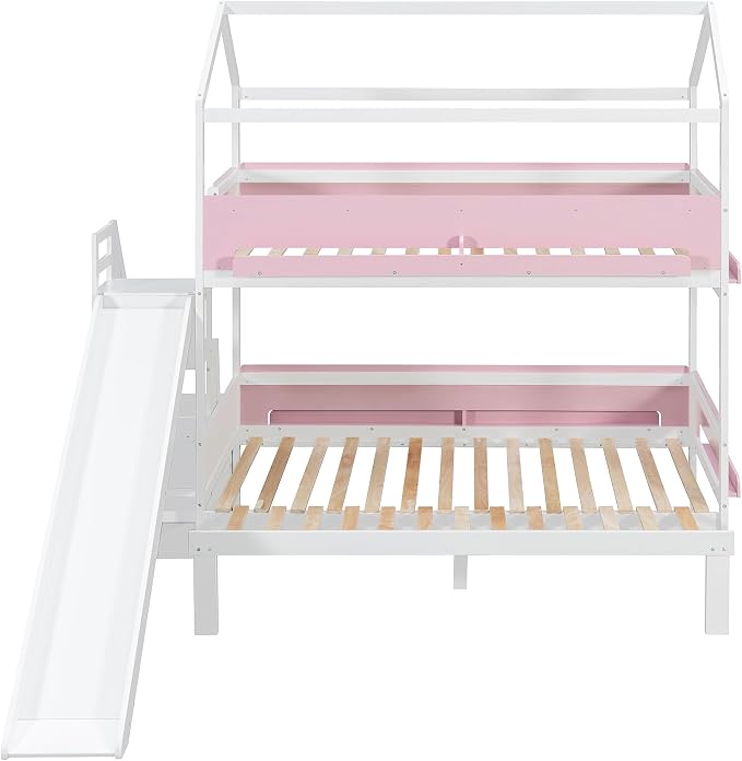 Harper & Bright Designs House Bunk Bed with Slide and Bookshelf, Twin Over Full Bunk Bed with Trundle and Stairs for Kids Teens Juniors, Space Saving, No Box Spring Needed, White+Pink