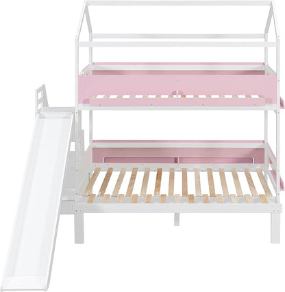 Harper & Bright Designs House Bunk Bed with Slide and Bookshelf, Twin Over Full Bunk Bed with Trundle and Stairs for Kids Teens Juniors, Space Saving, No Box Spring Needed, White+Pink