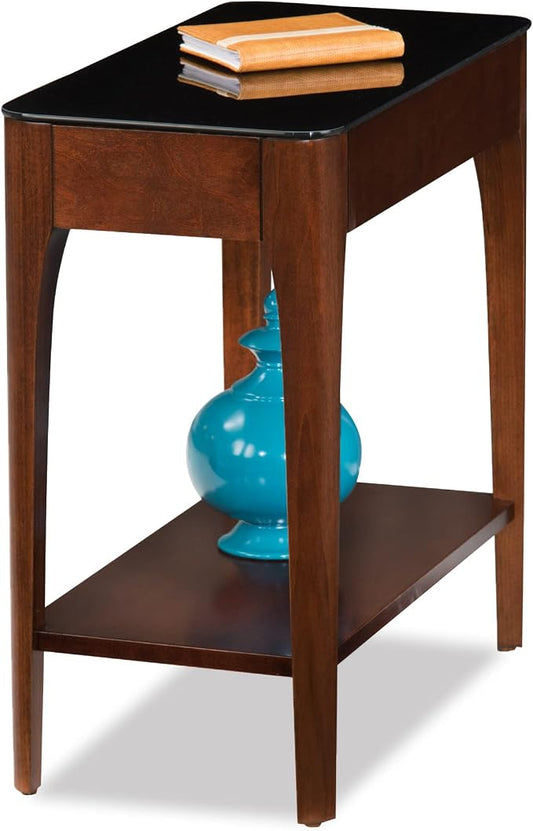 Leick Home 11105 Obsidian Glass Top Narrow Side Table with Shelf, Chestnut and Black Glass