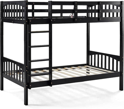 VINGLI Solid Wood Bunk Bed Twin Over Twin with RGB LED Light and Charging Station,15 inches Extra Tall Guardrail, Convertable 2 Deckers Bed, Heavy Duty Wood Slat Support, Black