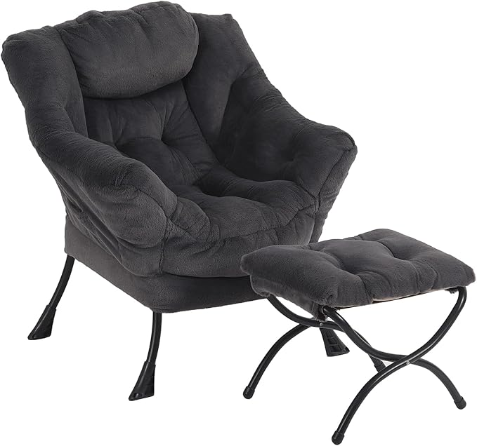 Furlide Lazy Chair with Ottoman, Modern Accent Chair with Armrests and a Side Pocket, Plush Navy Accent Chairs, Reading Chairs, Oversized Armchairs for Bedroom, Study, Living Room, Courtyard