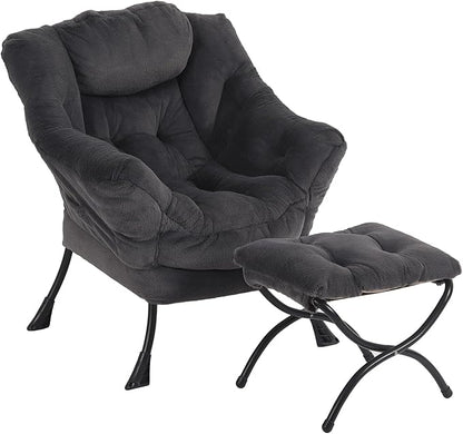 Furlide Lazy Chair with Ottoman, Modern Accent Chair with Armrests and a Side Pocket, Plush Navy Accent Chairs, Reading Chairs, Oversized Armchairs for Bedroom, Study, Living Room, Courtyard