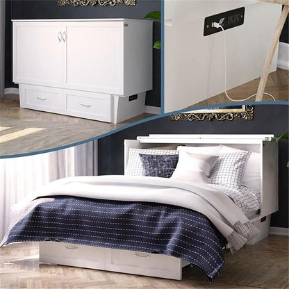 AFI, Monroe Queen Murphy Bed Chest with 6" Mattress, Storage Drawer & Built-in USB Charger, White