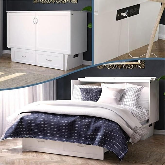 AFI, Monroe Queen Murphy Bed Chest with 6" Mattress, Storage Drawer & Built-in USB Charger, White