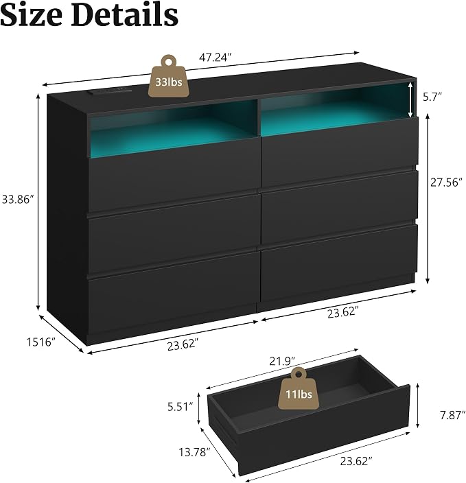 6 Drawer Dresser for Bedroom 47" Wooden Black Dressers Chests of Drawers | Double Closet Storage Cabinet w/ Charging Station LED RGB Lights 2 Open Shelves Modern Dresser TV Stand for Living Room