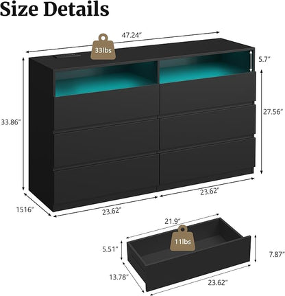 6 Drawer Dresser for Bedroom 47" Wooden Black Dressers Chests of Drawers | Double Closet Storage Cabinet w/ Charging Station LED RGB Lights 2 Open Shelves Modern Dresser TV Stand for Living Room