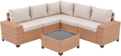 SUNSITT 6-Piece Patio Furniture Set, Outdoor Wicker Modular Sectional Sofa with 7.7-inch Wide Armrests & Thick Comfy Cushions, Glass Top Coffee Table, Rattan Conversation Set, Natural Color