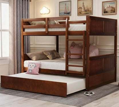 Bellemave Bunk beds Full Over Full with Twin Size Trundle, Low bunk Bed for Kids Adults and Teenagers，Walnut