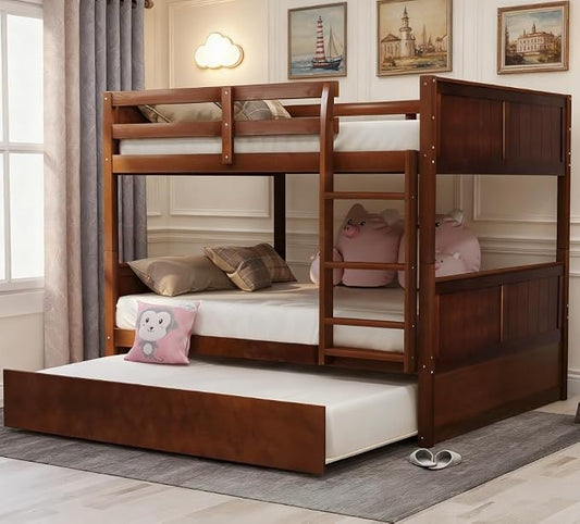 Bellemave Bunk beds Full Over Full with Twin Size Trundle, Low bunk Bed for Kids Adults and Teenagers，Walnut