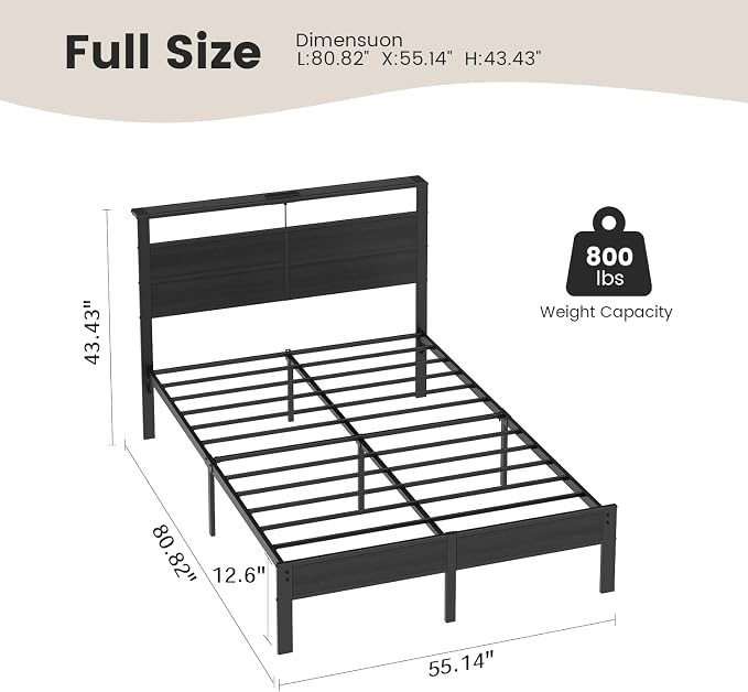 Full Size Metal Bed Frame with Storage Headboard, LED Lights and USB Charging Ports, Noise Free Platform Bed with Sturdy Slats, No Box Spring Needed, Easy Assembly