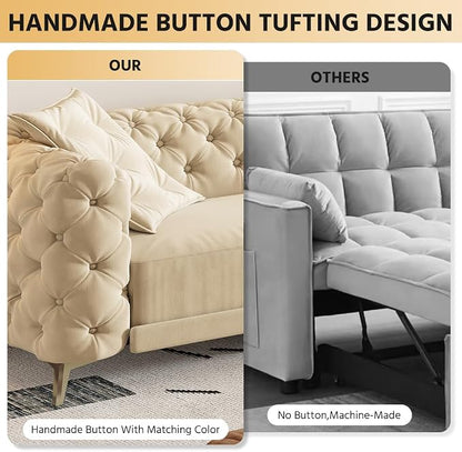 97.7'' Pull Out Sofa Bed King, Chesterfield Velvet Sleeper Sofa, Convertible L-Shaped Futon Couch, Tufted Back, Ottoman, Deep Seat Loveseat Couches for Living Room, Apartment, Honey Beige