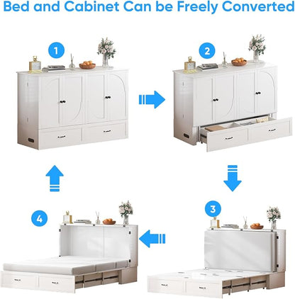 PUREMIND Queen Murphy Bed Cabinet, Multi-Functional Hideaway Cabinet Bed with Storage Drawer, USB Charging Ports and Folding Bedside Panel, Space Saving Chest Beds Wallbed for Guest Room, No Mattress