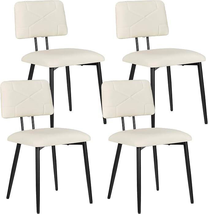VECELO Dining Chairs Set of 4, Modern Upholstered Kitchen Chairs with Faux Leather Cushion Seat & Metal Legs for Kitchen, Living Room, Tufted Backrest Design, Beige