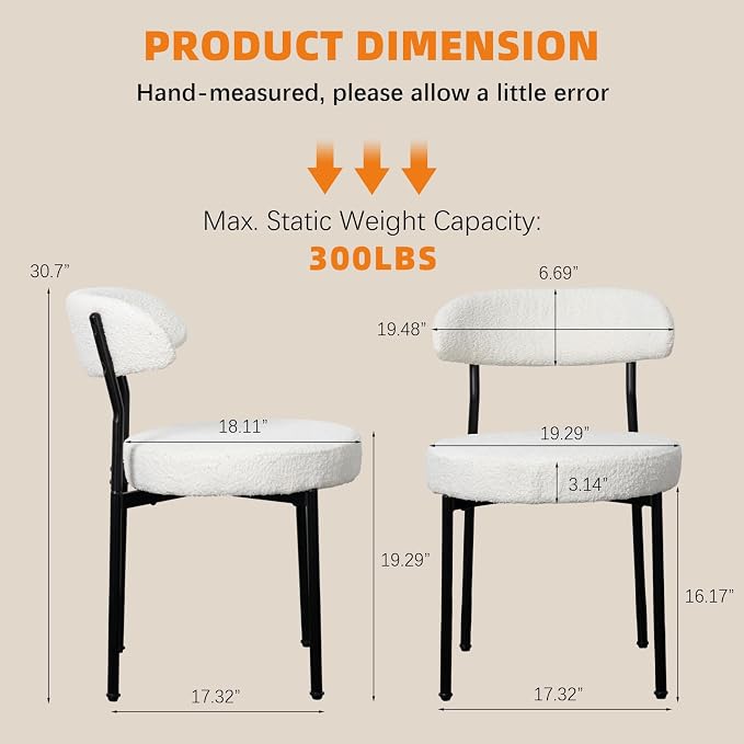 SoarFlash Dining Chairs, Beige Boucle Dining Chairs Set of 4, Kitchen Dining Room Chairs Curved Backrest Upholstered Mid Century Modern Chairs with Black Metal Legs