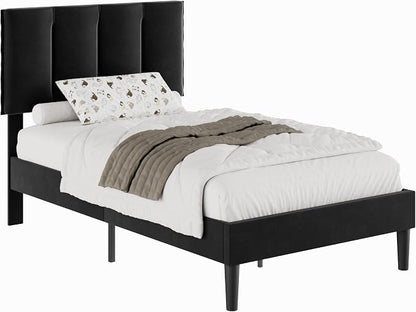 VECELO Twin Size Bed Frame with Upholstered Headboard, Heavy-Duty Bedframe with Wooden Slats & Steel Framework, Easy Assembly, Velvet & Black