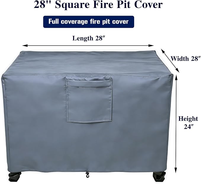 Chinchilla Heavy Duty 28 Inch Square Fire Pit Cover - 100% Waterproof & Weatherproof 600D Oxford Fabric, Durable All-Season Protection for 26/27/28 Inch Propane Fire Pits and Tables