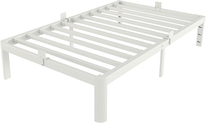 White Twin Size Bed Frames 12 Inch, Metal Platform Twin Bed Frame No Box Spring Needed, Heavy Duty Steel Support 3500 LBS, DIY Headboard, Round Legs, Noiseless, Storage Space, Easy Assembly