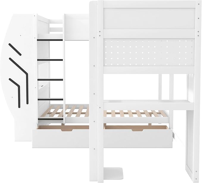 Twin&Full Over Full Triple Bunk Bed with Desk and Storage Drawers & LED,Charging Station,Solid Wood L-Shaped 3 Gaming Bunk Bed with Ladder,Guardrail,No Box Spring Needed (White,Twin & Full Over Full)
