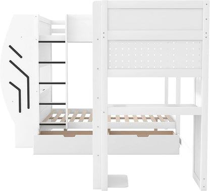 Twin&Full Over Full Triple Bunk Bed with Desk and Storage Drawers & LED,Charging Station,Solid Wood L-Shaped 3 Gaming Bunk Bed with Ladder,Guardrail,No Box Spring Needed (White,Twin & Full Over Full)