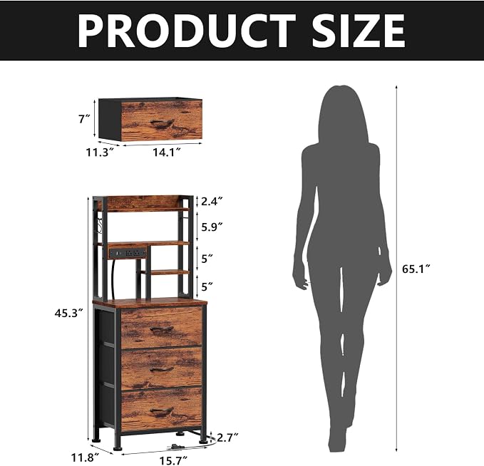 Furnulem Night Stand Set 2, 45.3" Tall Bedside End Table, Rustic Brown | RGB LED Lights, 4-Tier Storage Shelves & 3 Fabric Drawers, Metal Frame, Wood Desktop, Easy Assembly for Bedroom Dorm Hallway