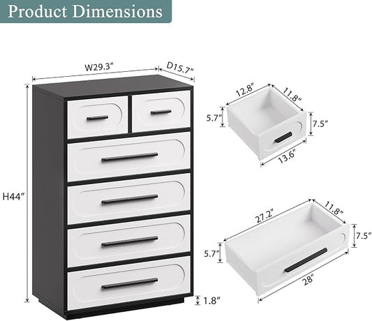 White Dresser for Bedroom, Modern 6 Drawer Dresser with Solid Wood Handle, Wood Chest of Drawers, 44" Tall Bedroom Storage Cabinet, Closet Organizer for Living Room, Hallway
